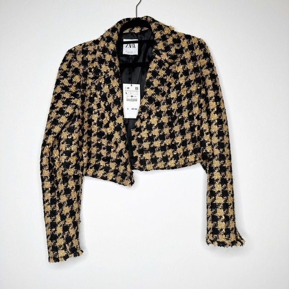 NWT ZARA Tweed Houndstooth Cropped Textured Blazer Jacket Women's Brown Size L - Picture 4 of 8